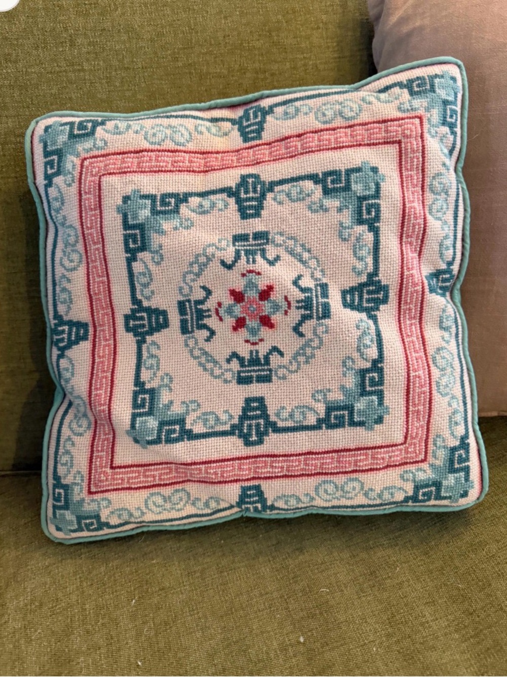 Vintage Needlepoint Decorative Throw Pillow in Teal & Pink